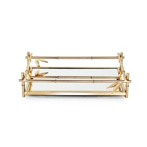 Gold Plated Rectangle Mirrored Storage Tray With <b>Bamboo</b> Design Oriental Style Single Tier For <b>Table</b> Use - Product Image 3