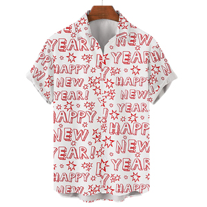 เสื้อเชิ้ตฮาวายแขนสั้นผ้าโพลีเอสเตอร์ระบายอากาศได้ดีสำหรับผู้ชาย ปกคอปกพับได้ พิมพ์ลายสวัสดีปีใหม่ เหมาะสำหรับวันหยุดฤดูร้อน - Product Image 1