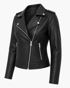 Wholesale Women Black PU Leather Motorcycle Jacket Asymmetric Zipper Lapel Collar Slim Fit Casual Streetwear Biker Outerwear - Product Image 4