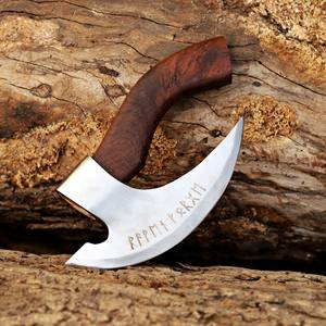 Cuchillo para Pizza Industrial Forjado a Mano, Estilo Vikingo, con Mango de Madera, Acero al Carbono, 9 Filos de Corte, Funda de Cuero, Personalizado OEM - Product Image 4