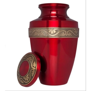 Wholesale Classic Crimson Red Brass Cremation Urn <b>For</b> Adult Human <b>Ashes</b> Elegant Gold Banded Metal Funeral Memorial Urn With Lid - Product Image 5
