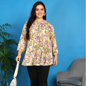Kurti Corto de Poliéster con Estampado de Mármol, Cuello Mandarín, Pliegues Pintuck, Manga Tres Cuartos, con Dupatta con Estampado Floral, Ropa para Mujer - Product Image 1