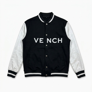 <b>Mens</b> Black and White Varsity <b>Jacket</b> with Letter Print Snap Button Closure <b>Casual</b> Autumn Coat - Product Image 1