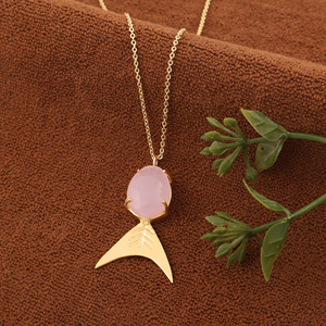 Fish Gemstone Pink Chalcedony Pendant 18k Gold Plated Brass Oval Egg Cabochon Shape Punk Buddhism Fashion Jewelry - Product Image 5