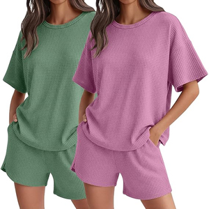 Ensemble de shorts en tricot 2 pièces pour femmes, vert uni, col rond, coupe ample, tenue décontractée d'été avec poche - Product Image 6