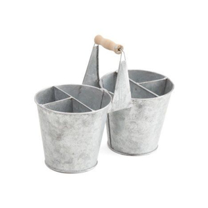 Farmhouse Style Galvanized Metal Double Utensil Holder <b>Caddy</b> With Wood Handle Dual Compartment Cutlery Organizer For <b>Kitchen</b> - Product Image 1