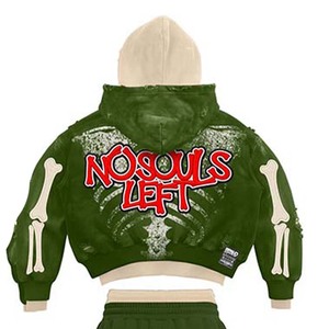 Conjunto de Sudadera con Capucha Verde para Hombre, Estilo Urbano con Estampado Digital, Conjunto de Dos Piezas con Patrón de Huesos y Pantalones con Cremallera - Product Image 4