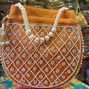 Beautiful Orange Color Raw Silk Potli <b>Bags</b> Embellished with Crystal Glass Beads Stones & Resham Embroidery for Wedding Party - Product Image 1