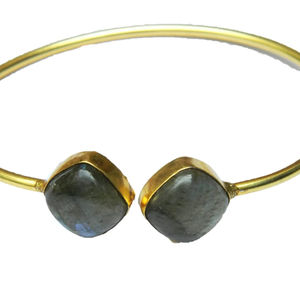 Cushion Cut Gemstone Gold <b>Bangle</b> | Open Cuff <b>Bracelet</b> | IGI Certified Vintage Style Unisex Indian Origin 925 <b>Silver</b> Plated HARI - Product Image 1