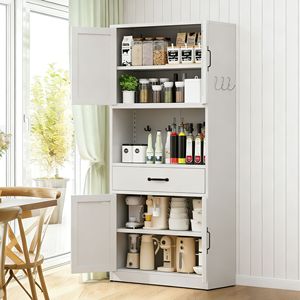 Armoire de rangement de cuisine haute de 71 po en acier blanc, avec étagères réglables, tiroirs et crochets - Product Image 1