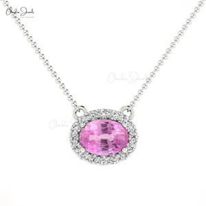 Top Quality Natural 7x5mm Oval Cut Pink Sapphire Gemstone Necklace in 14k Fine Gold Diamond Halo Necklace Top Wholesale Supplier - Product Image 2
