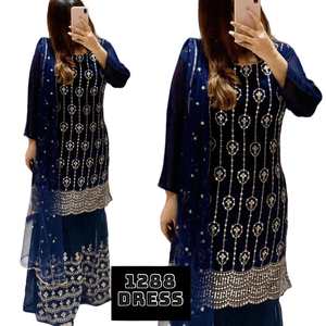 DESIGNER GEORGETTE BRODERIE SEQUENCE TRAVAIL TOP SHARARA AVEC DUPATTA BLEU MARINE - Product Image 1