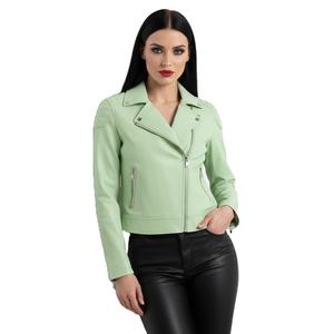 Luxury <b>Light</b> Green Leather Motorbike <b>Jacket</b> <b>Women</b> Custom Branding Bulk Wholesale Factory Price Genuine Biker Style Ladies Gear - Product Image 1