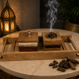 Ensemble brûleur à bakhoor traditionnel en bois avec incrustation en laiton, plateau et pot de rangement de luxe pour Oud Arabe Mabkhara, idéal pour le cadeau du Ramadan et de l'Aïd - Product Image 1