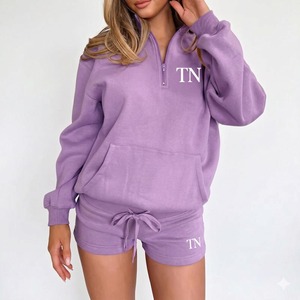 Ensemble en molleton violet 2 pièces pour femme, sweat-shirt à demi-zip avec poche et short décontracté coupe ample, motif lettre TN brodé - Product Image 1