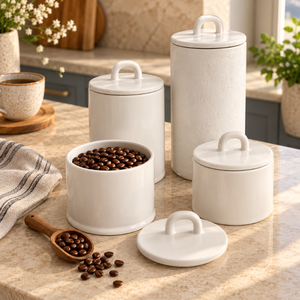 White Ceramic <b>Canister</b> <b>Set</b> Lids Loop Handles Food Storage Containers Kitchen Countertop Organizer 2 Piece <b>Set</b> Handcrafted Modern - Product Image 2