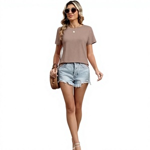 T-shirt à col roulé à manches courtes pour femme, couleur unie, coupe classique, décontracté, 100% coton, respirant, anti-UV, séchage rapide, vêtements d'été - Product Image 3