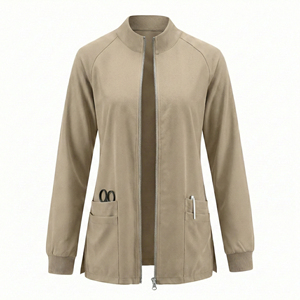 Blouse médicale pour femme à fermeture éclair intégrale, personnalisable, col rond, manches longues, fentes latérales, vente en gros, OEM - Product Image 4