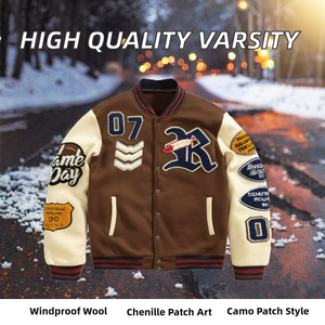 Blouson universitaire unisexe vintage marron avec patch brodé personnalisé sur le devant, col montant, coupe classique, coupe-vent en toile rembourrée - Product Image 4