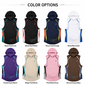 Camiseta sin mangas con capucha para hombre, negra y amarilla con bloques de color, estampado en relieve, de secado rápido, ajuste delgado, longitud regular, de poliéster tejido. - Product Image 5