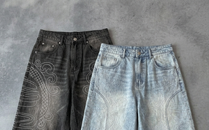 Embroidery <b>Customized</b> Sample Stone Washed Wide <b>Balloon</b> Leg Denim Shorts Baggy Fit Sun Fade 100% Cotton Summer Men - Product Image 3