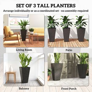 Set di 3 Vasi da Fiori Grandi in Plastica Marrone Smaltata da 70 cm con Finitura Effetto Marmo, Fori di Drenaggio e Design Conico Impilabile - Product Image 4