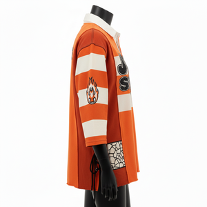 Chemise de rugby pour femme en coton épais de qualité supérieure, manches rayées orange, empiècements latéraux en dentelle, logo personnalisé imprimé à l'écran. Chemise de rugby pour femme en coton. - Product Image 3