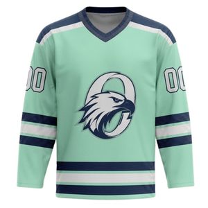 Men Mint Green Navy Sublimated Ice Hockey Printable Polyester V Neck Jersey Long Sleeve <b>Athletic</b> Match Wear Performance - Product Image 1
