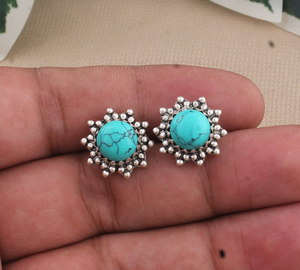 SHREE JAIPUR <b>SILVER</b> Vintage Round Turquoise Sunburst Bead Border <b>Silver</b> <b>Stud</b> Earrings Handmade Gemstone Jewelry From Rajasthan - Product Image 3