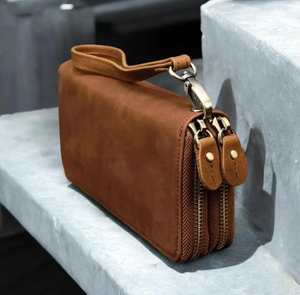 Portefeuille long en daim avec fermeture éclair, style vintage, unisexe, en cuir marron, multifonctionnel pour un usage quotidien - Product Image 2