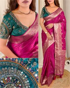 Sari de Seda Banarasi para Mujer, Bordado con Lentejuelas Zari, Estilo Tradicional, Sin Arrugas, Secado Rápido, para Todas las Temporadas, Bodas/Fiestas - Product Image 2