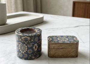 เตาเผาบุหงาแบบอาหรับทำมือจากไม้ พร้อมลวดลายโมเสกและกล่องไม้ - Product Image 1