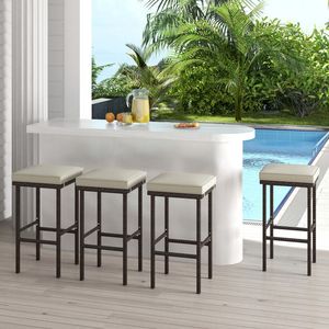 Set of 2 Patio Wicker Bar <b>Stools</b> with Comfortable Seat <b>Cushions</b> and Footrest for Outdoor Entertaining - Product Image 3