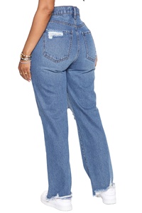 Pantalones vaqueros desgastados para mujer, pantalones de mezclilla rectos holgados, pantalones vaqueros rectos rasgados de lavado medio para mujer, colección de pantalones de mezclilla. - Product Image 2