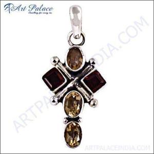 Collier pendentif croix Art Palace avec pierres grenat et citrine en alliage plaqué argent antique, style vintage, bijoux unisexes - Product Image 3
