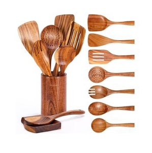 Wooden Utensil <b>Set</b> With Storage Holder Handmade Rustic Kitchen Tableware For Cooking And Serving - Product Image 3