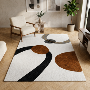 Hand Tufted Woven Wool Area Rug-Modern Abstract Geometric Design <b>Cream</b> Base Brown Black Curved Pattern Washable Luxury Living - Product Image 3