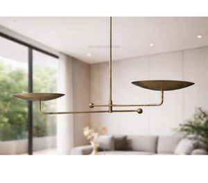 Lustre linéaire moderne du milieu du siècle, en laiton antique, double disque, luminaire de plafond minimaliste, 2 lumières, style italien - Product Image 3
