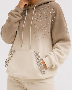 Sudadera con Capucha para Mujer, Beige, con Lentejuelas, Tejida en Algodón, Manga Regular, Estilo Casual Otoñal, con Bolsillo Decorativo - Product Image 1