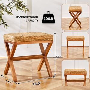 Natural Seagrass Rectangular Ottoman Footstool with Wooden Legs Hand-Woven <b>Footrest</b> for Living Room - Product Image 2