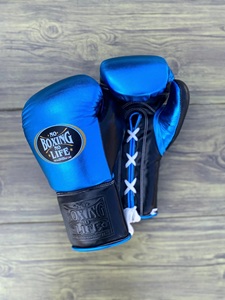 No Boxing No Life Mexican Boxing Gloves Blue Black Lace-Up Premium Leather Stretch Adjustable Wrist <b>Strap</b> Breathable Adult - Product Image 2