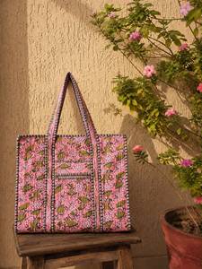 <b>Large</b> Boho Quilted Cotton Shoulder <b>Tote</b> <b>Bag</b> Zipper Closure Chained Detail <b>for</b> Women Washable Floral Print <b>for</b> <b>Travel</b> Shopping - Product Image 5