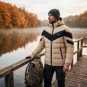 Veste matelassée à capuche beige et noire pour homme, veste d'hiver chaude et matelassée, veste d'extérieur légère et imperméable One Apex - Product Image 5