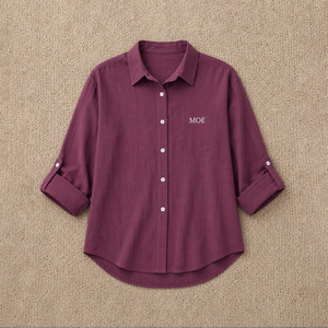 Custom Oversized Button Down women's shirt Custom Logo Loose Fit <b>Top</b> Casual Three Quarter Roll Up Sleeve Cotton Turn-down Collar - Product Image 3