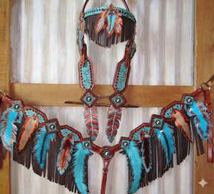 <b>Hand</b> Crafted <b>Paint</b> Design Horse Western Tack Set with Tooled Headstall and Breastplate Fancy Conchos Design Horse Tack Set - Product Image 2