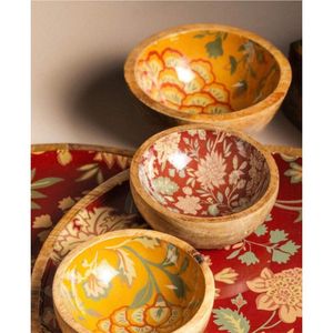 Bol de service en bois écologique avec motif de feuilles botaniques émaillées, saladier décoratif en bois, ensemble de vaisselle pour la vente en gros - Product Image 5