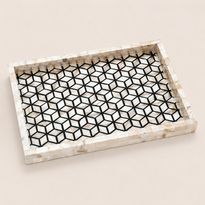 Bandeja de Servir de Lujo con Incrustaciones Geométricas de Madreperla, Bandeja Decorativa Hecha a Mano con Mosaico Blanco y Negro para Decoración de Mesa de Centro - Product Image 1