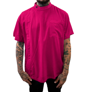 Pink Short Sleeve Barber Shirt with Chest Pocket and <b>Stand</b> Collar for Men - Product Image 1