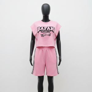 Conjunto Corto sin Mangas para Mujer, 100% Algodón, Felpa de Algodón Premium, Color Rosa Suave, Panel Lateral en Contraste, Logotipo Bordado Personalizado - Product Image 5