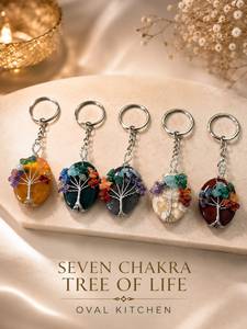 Porte-clés ovale en pierre naturelle Arbre de Vie 7 Chakras de la meilleure qualité, fait main, pierre de guérison en cristal, pendentif - Product Image 1